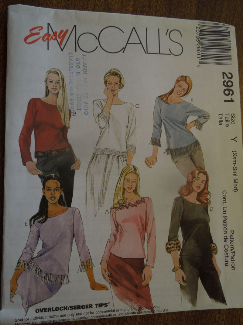 McCalls 2961, Misses, Tops, Pullover Knit Tops, Uncut Sewing Pattern