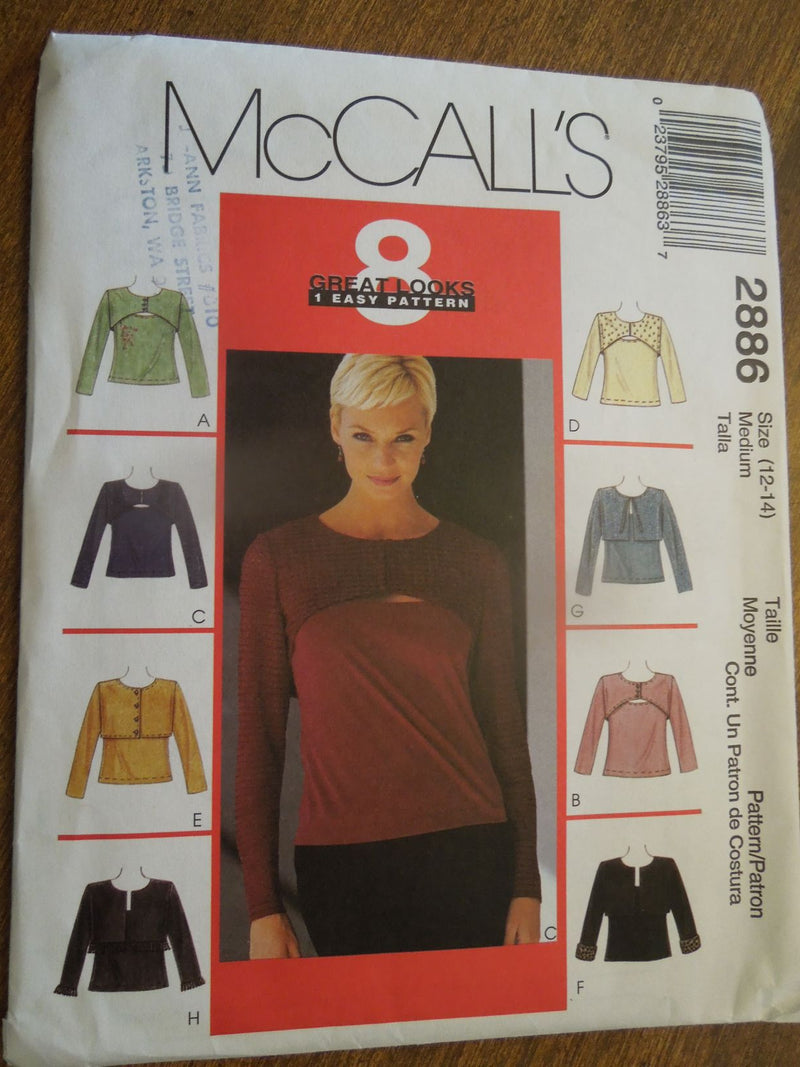 McCalls 2886, Misses, Bolero and Sleeveless Tops, Knits, Uncut Sewing Pattern