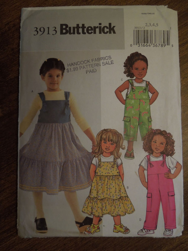 Butterick 3913, Childrens, Girls, Jumpers, Overalls, Uncut Sewing Pattern