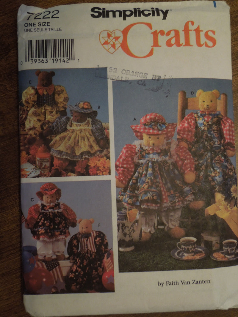 Simplicity 7222, Crafts, Bears & Clothing, Uncut Sewing Pattern