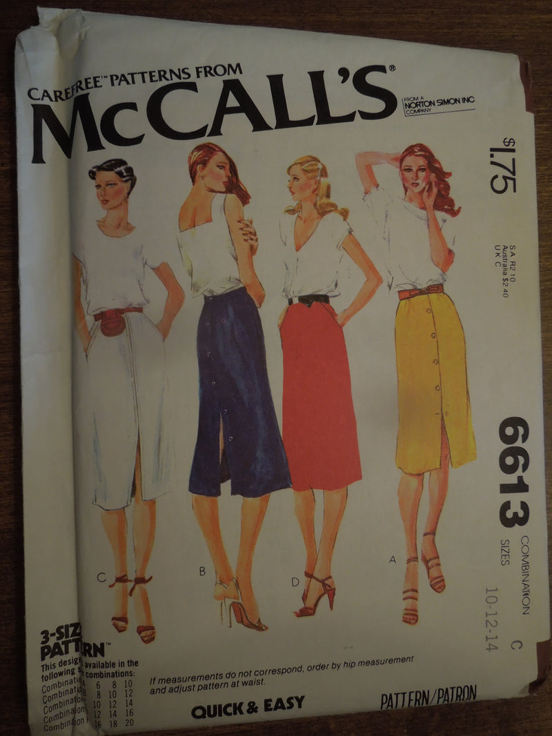 McCalls 6613, Misses, Skirts, Uncut Sewing Pattern, Sz 10-14