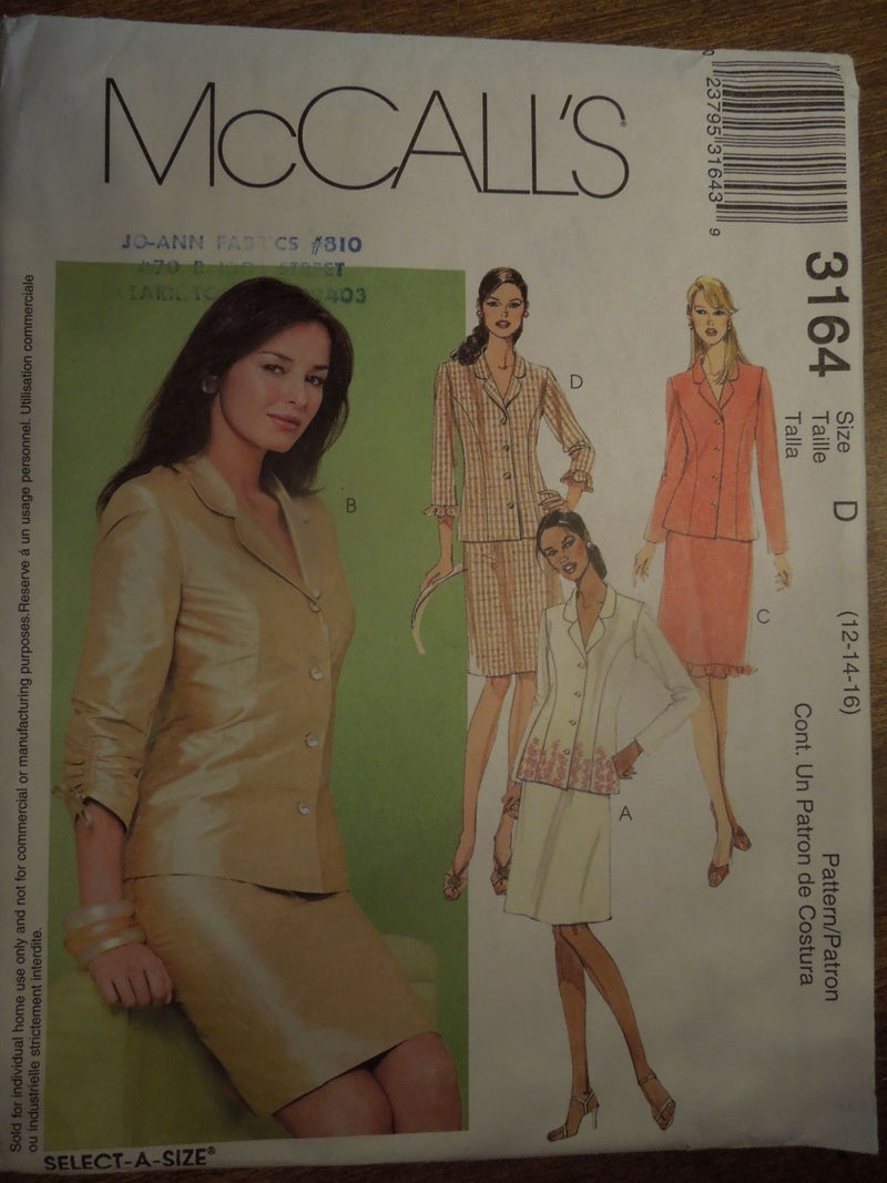 McCalls 3164, Misses, Lined Jackets, Skirts, Petite, Uncut Sewing Pattern