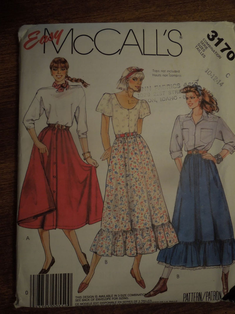 McCalls 3170, Misses, Skirts, Sizes 10-14, Uncut Sewing Pattern