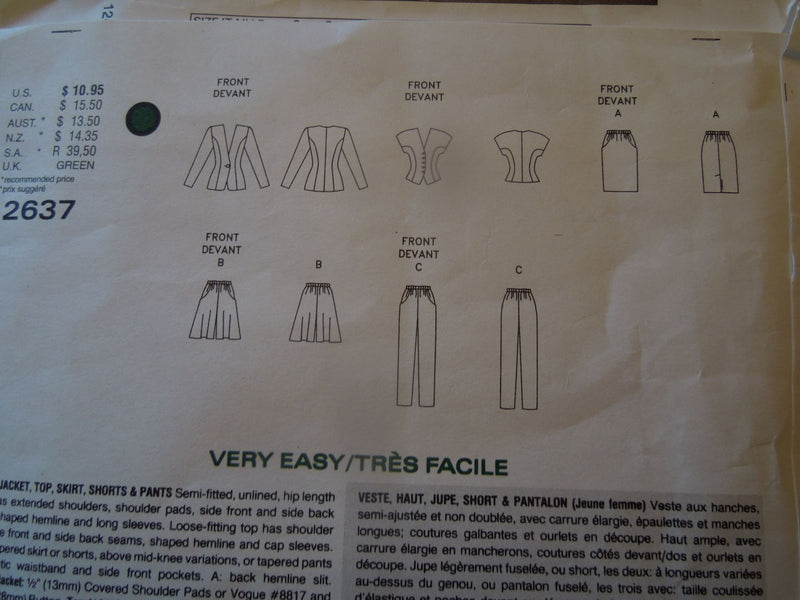 Vogue 2637, Misses Separates, Uncut Sewing Pattern