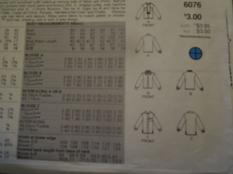 Butterick 6076, Misses Blouses, Uncut Sewing Pattern