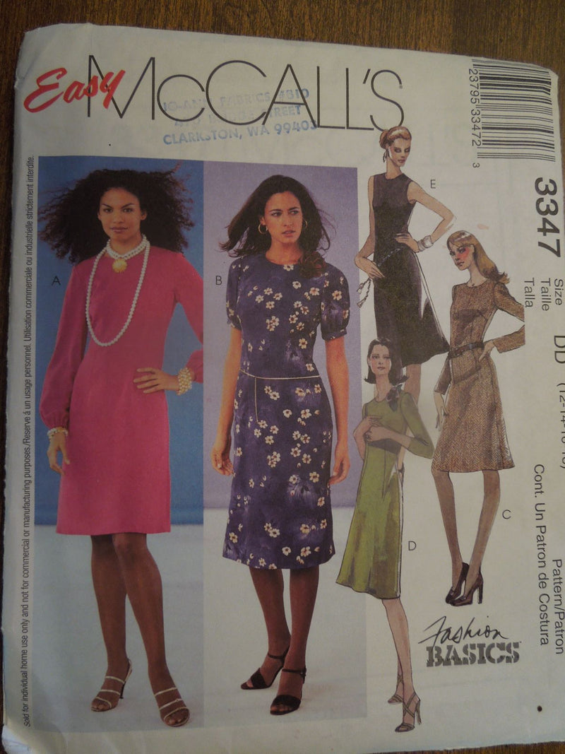 McCalls 3347, Misses Dresses, Petite, Uncut Sewing Pattern Sz 12 to 18