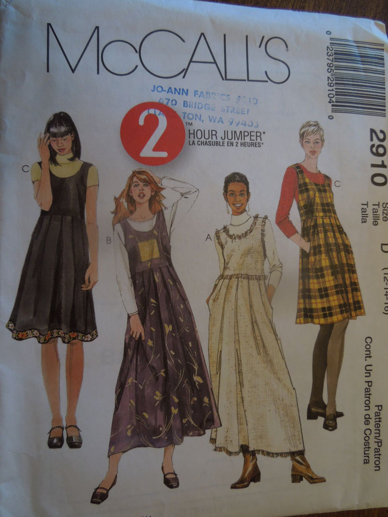 McCalls 2910, Misses Jumpers, Two Lengths,  Petite, Uncut Sewing Pattern