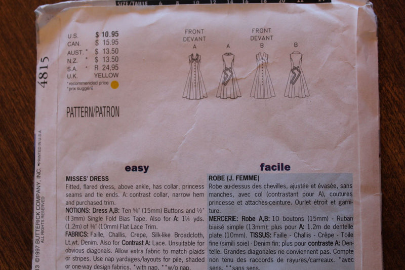 Butterick 4815, Misses Dresses, Uncut Sewing Pattern