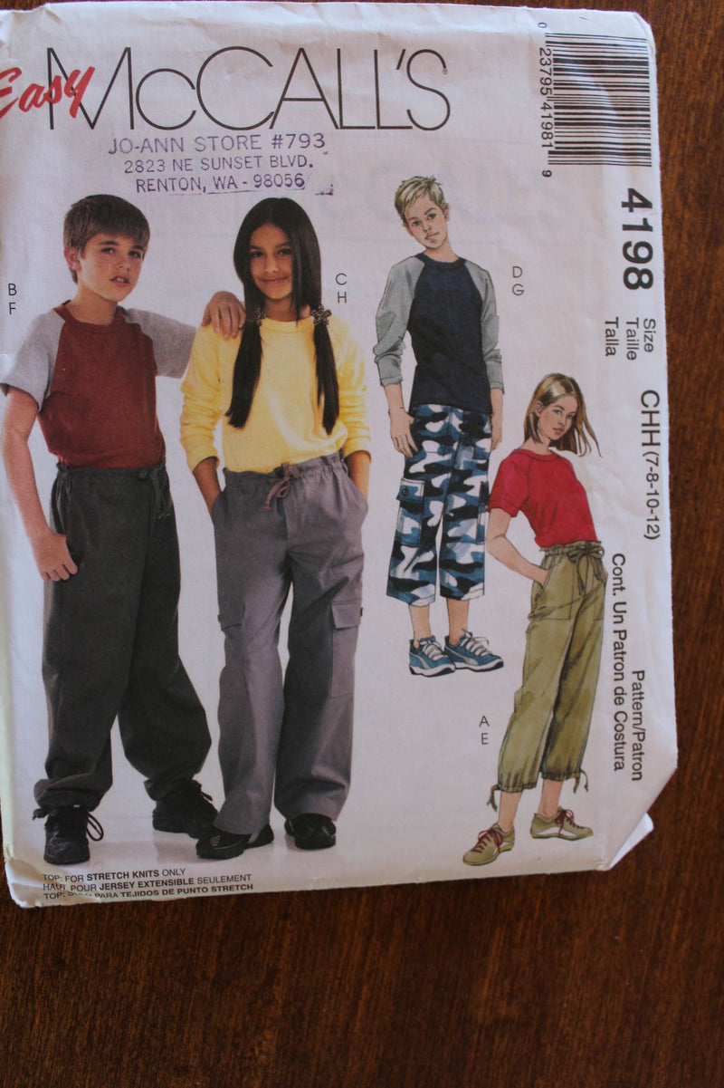 McCalls 4198, Childrens Tops and Pants, Uncut Sewing Pattern