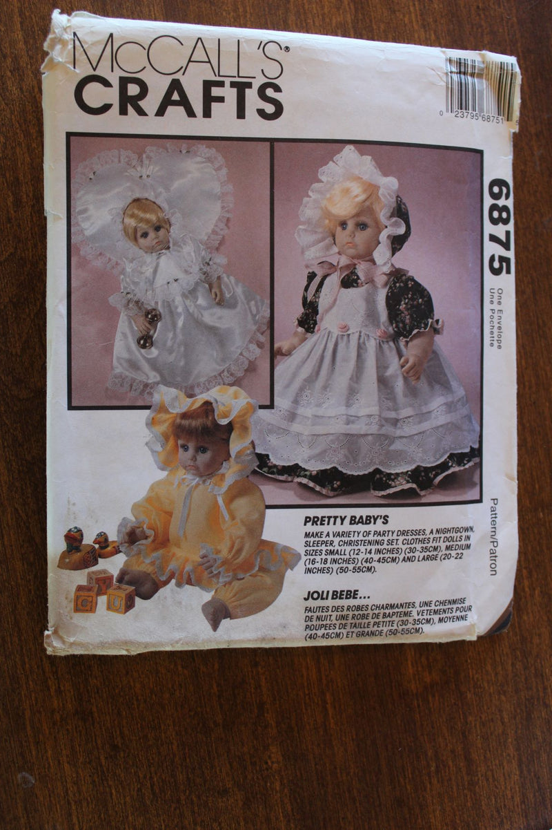 McCalls 6875, Doll Clothing for Dolls 12"-22", Uncut Sewing Pattern