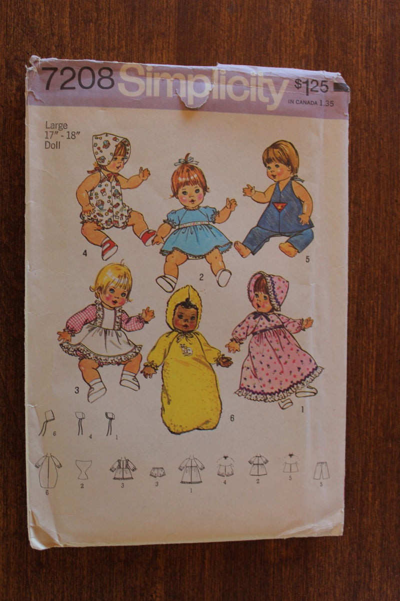 Simplicity 7208, Doll Clothing for dolls, Sz Varies, Crafts, Uncut Sewing Pattern