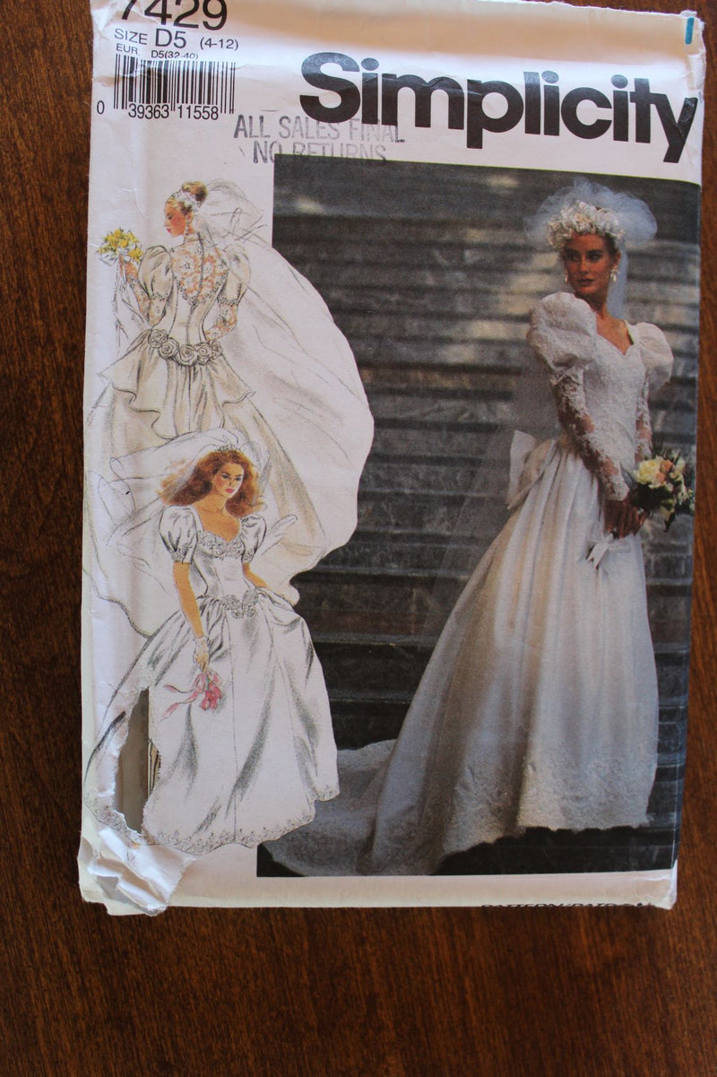 Simplicity 7429, Misses Bridal Gowns, Wedding Dresses, Uncut Sewing Pattern