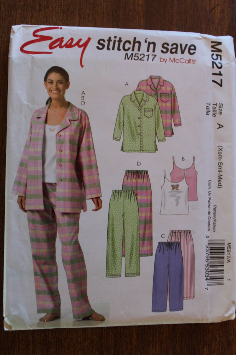 McCalls Stitch n Save M5217, Misses Sleepwear, Pajamas, Uncut Sewing Pattern, Petite-able