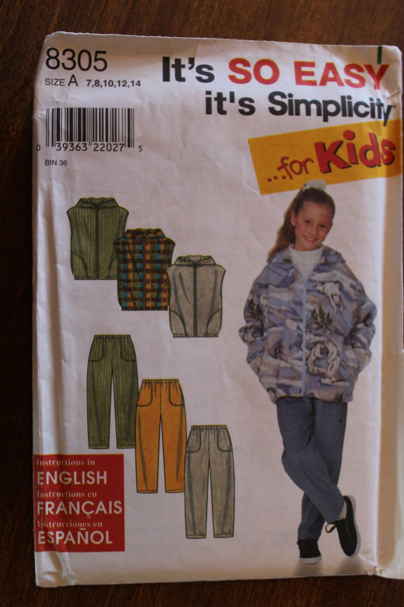 Simplicity 8305, Girls Jackets, Vests, Pants, Uncut Sewing Pattern