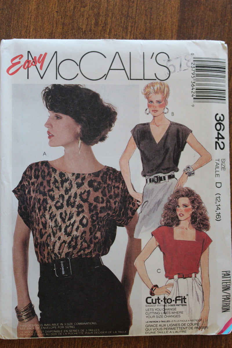 McCalls 3642, Misses Tops, Uncut Sewing Pattern, Sz Varies