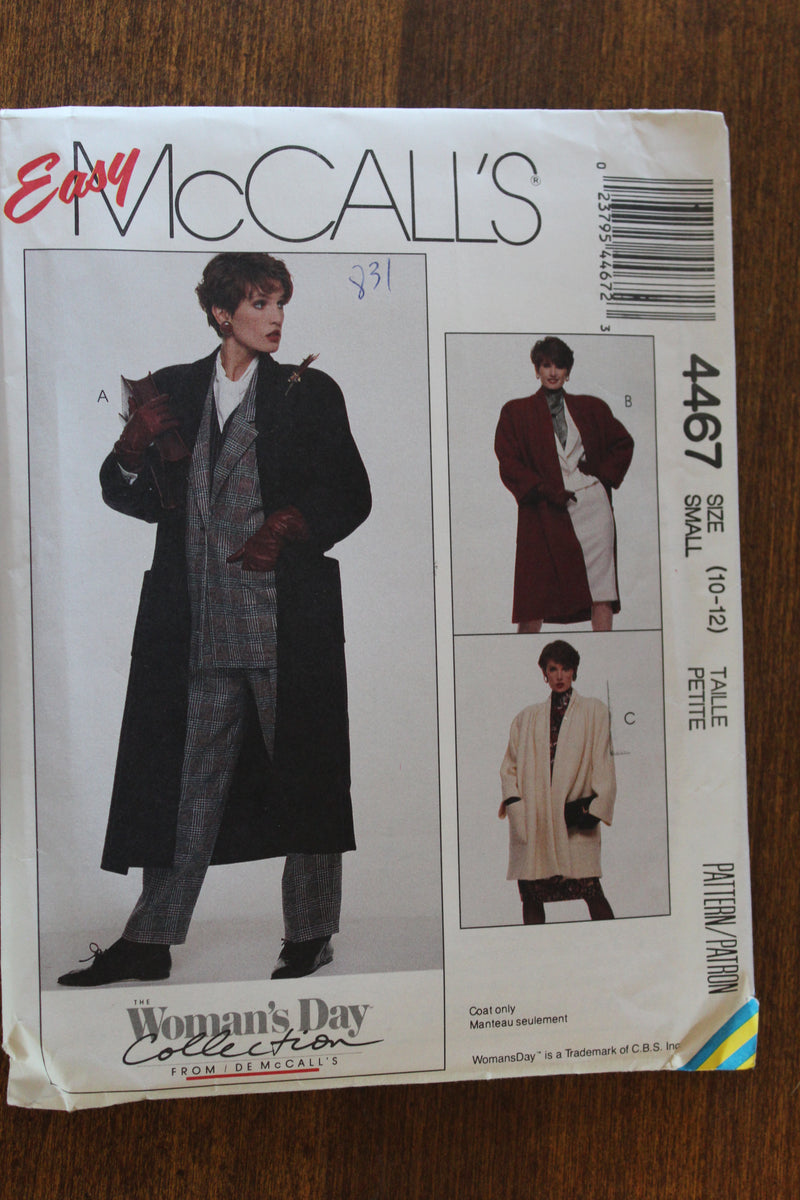 McCalls 4467, Misses Coats, Lined, Uncut Sewing Pattern