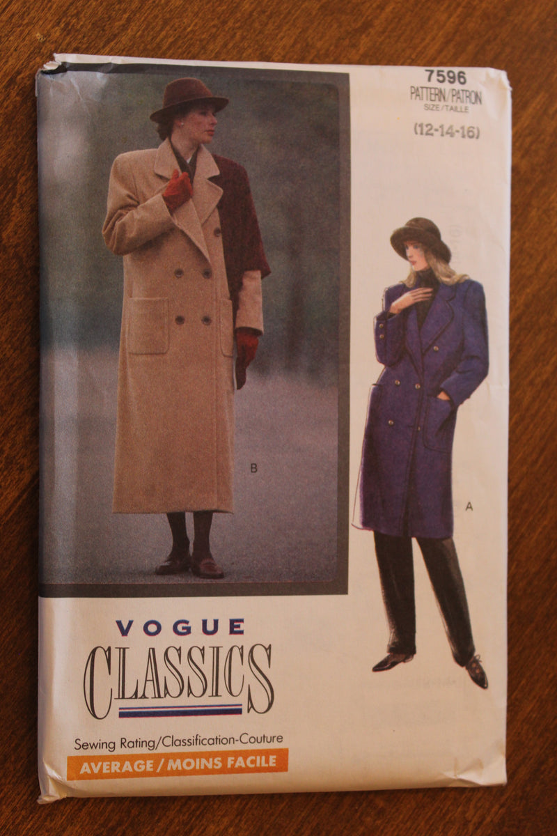 Vogue 7596, Misses Coats, Lined, Double-Breasted, Uncut Sewing Pattern