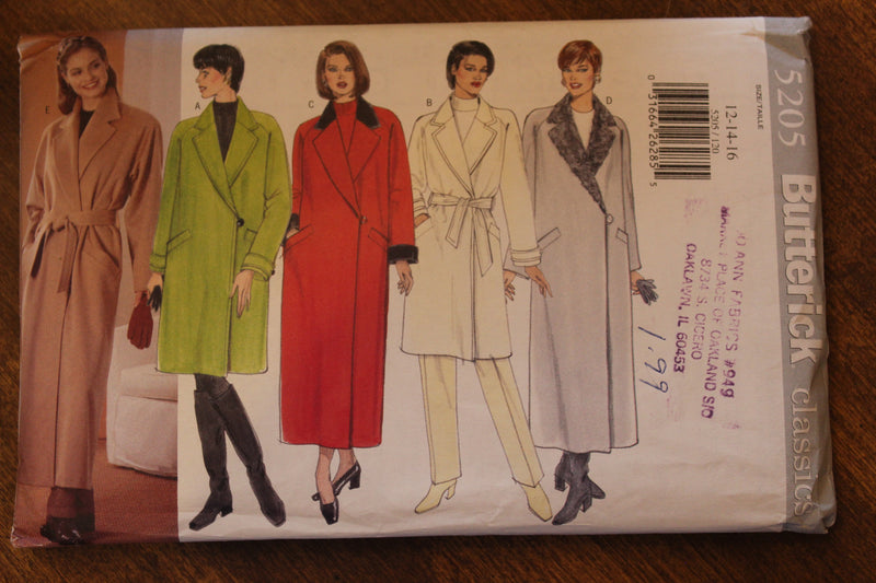 Butterick 5205, Misses Coats, Lined, Uncut Sewing Pattern