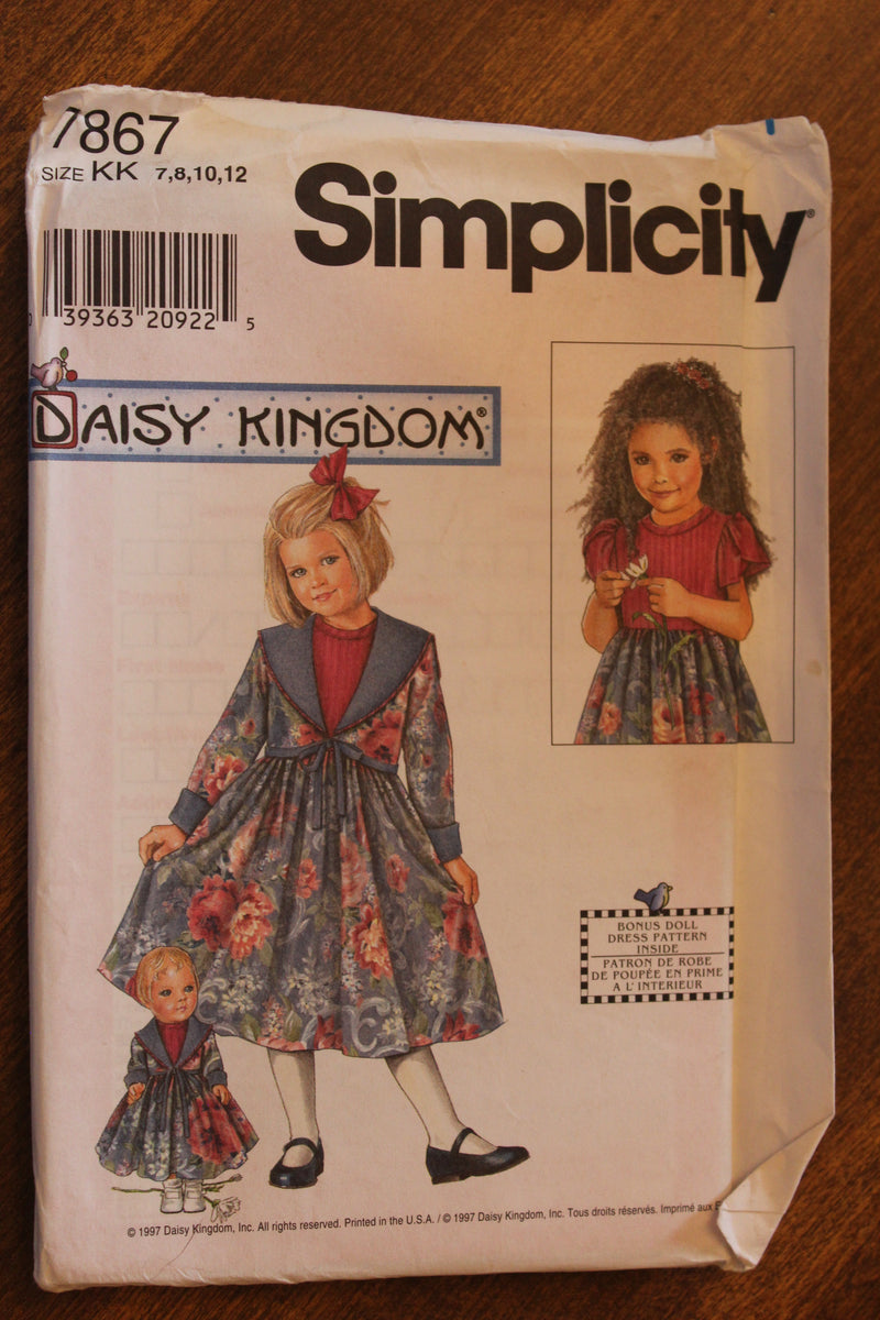 Simplicity 7867, Girls Dress, Jacket, Doll Clothing, Uncut Sewing Pattern, Daisy Kingdom