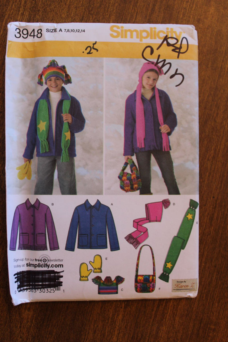 Simplicity 3948, Childrens Jackets, Hats, Mittens, Bags, Scarf, Uncut Sewing Pattern, Outerwear