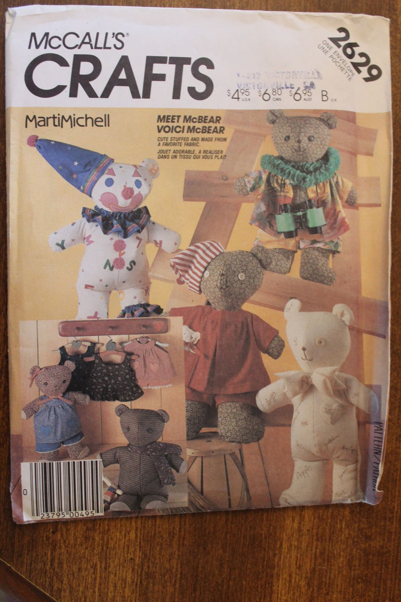 McCalls 2629, Crafts, Stuffed Bear Dolls, Doll Clothing, Uncut Sewing Pattern