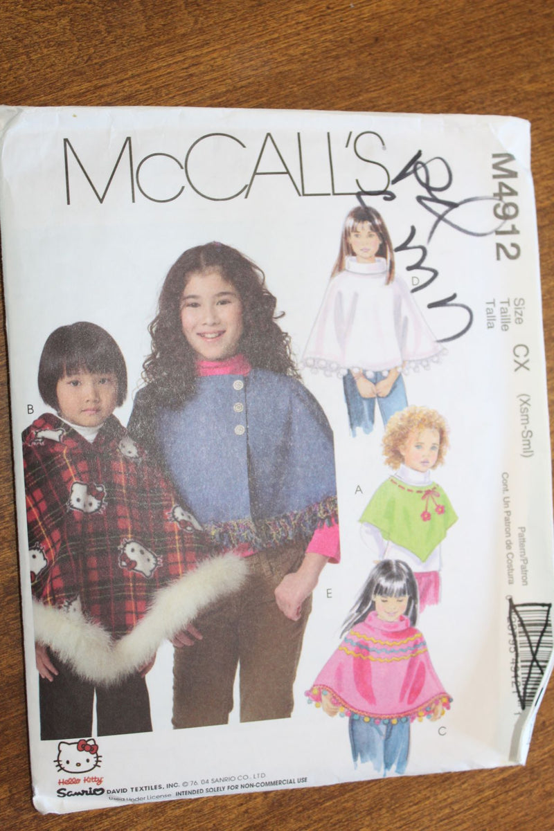 McCalls M4912, Girls Ponchos, Uncut Sewing Pattern