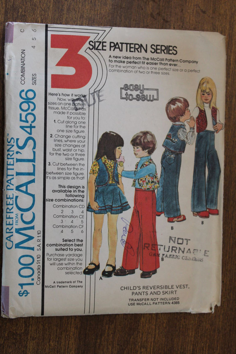 McCalls 4596, Childrens Pants, Skirts, Vest, Uncut Sewing Pattern