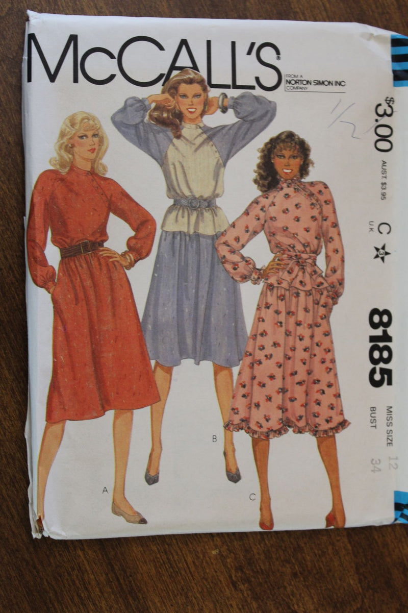 McCalls 8185, Misses Dresses, Two piece, Uncut Sewing Pattern