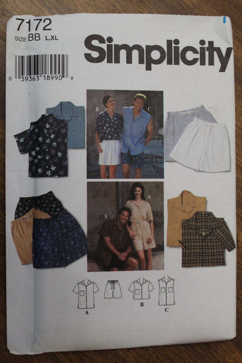 Simplicity 7172, Mens, Womens, Shirts, Shorts, Uncut Sewing Pattern