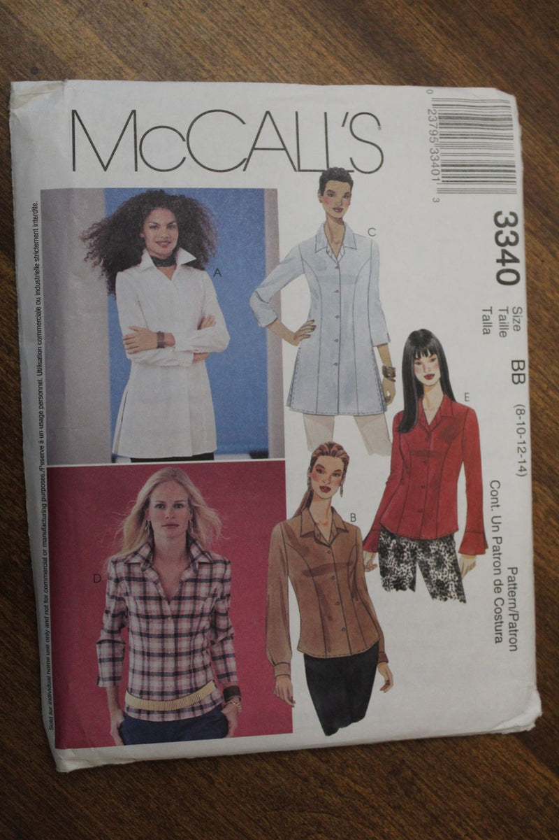 McCalls 3340, Misses Shirts, Tops, Uncut Sewing Pattern