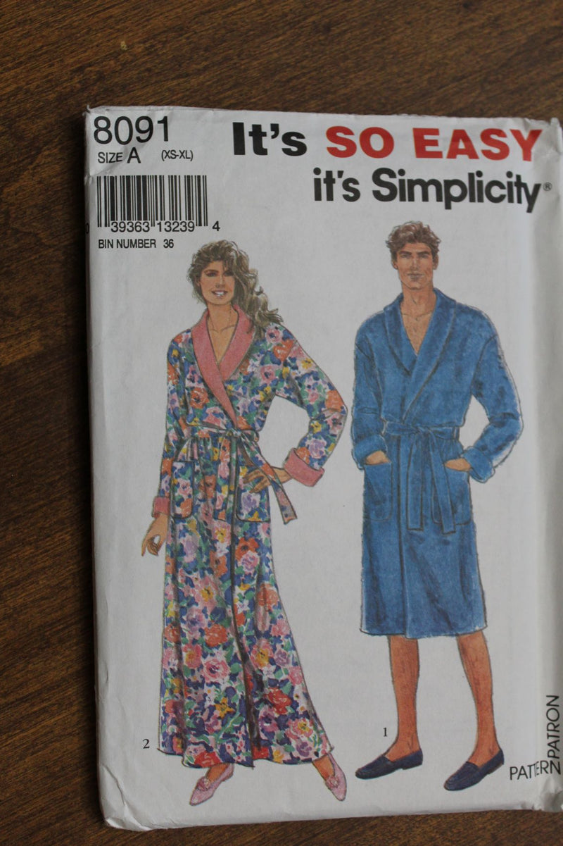Simplicity 8091, Mens, Misses Robes, Uncut Sewing Pattern