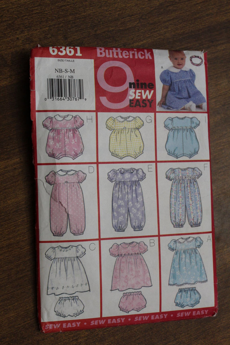 Butterick 6361, Infant Clothing, Rompers, Dresses, Uncut Sewing Pattern