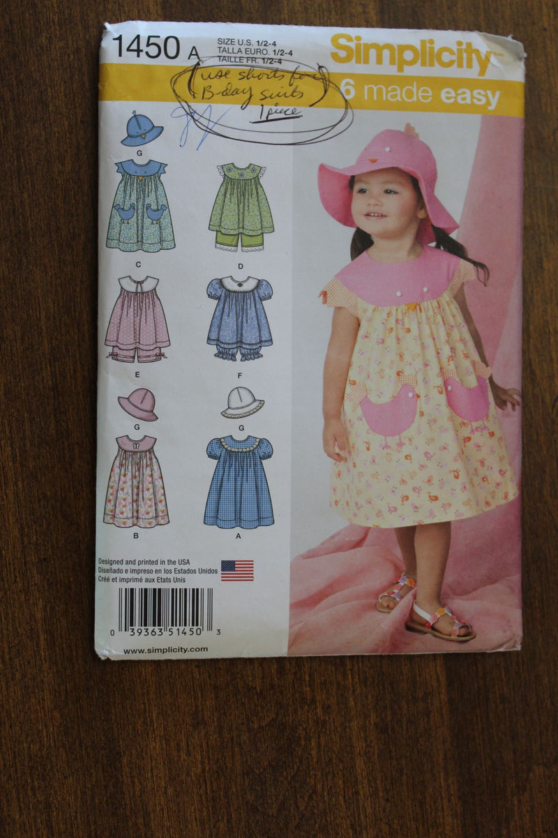 Simplicity 1450, Childrens Dress, Panties, Hats,  Sewing Pattern
