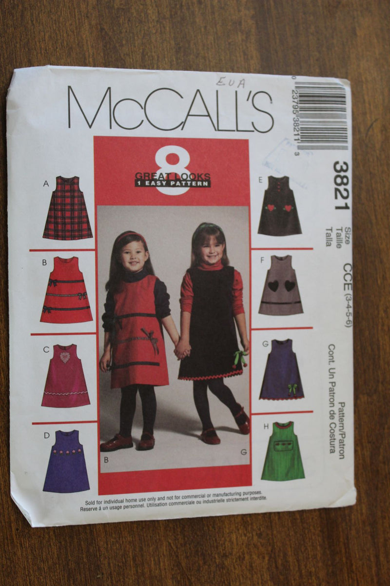 McCalls 3821, Girls Jumpers, Dresses, Uncut Sewing Pattern