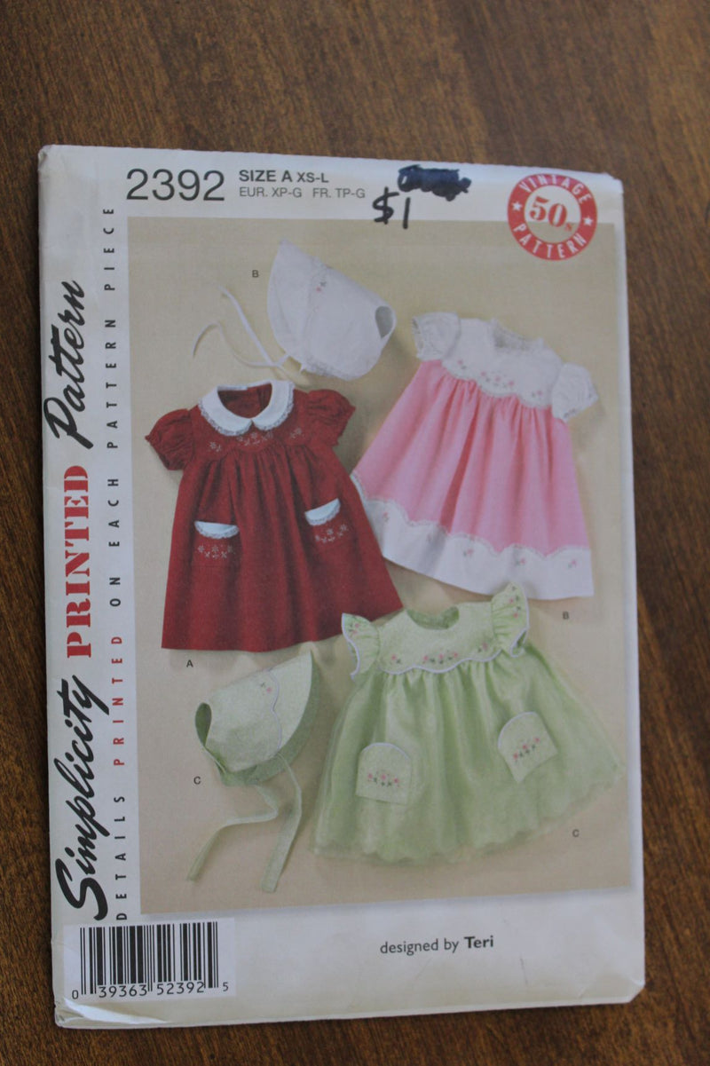 Simpliciity 2392, Girls Dresses, Bonnet, Uncut Sewing Pattern