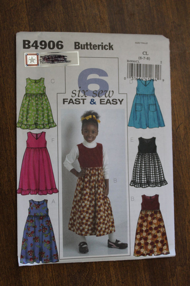 Butterick B4906, Girls Jumpers, Dresses, Uncut Sewing Pattern