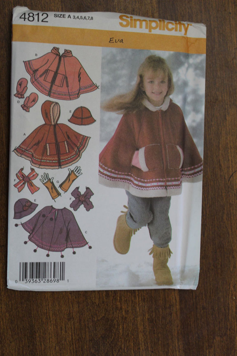 Simplicity 4812, Girls Ponchos, Mittens, Hat, Scarves, Uncut Sewing Pattern