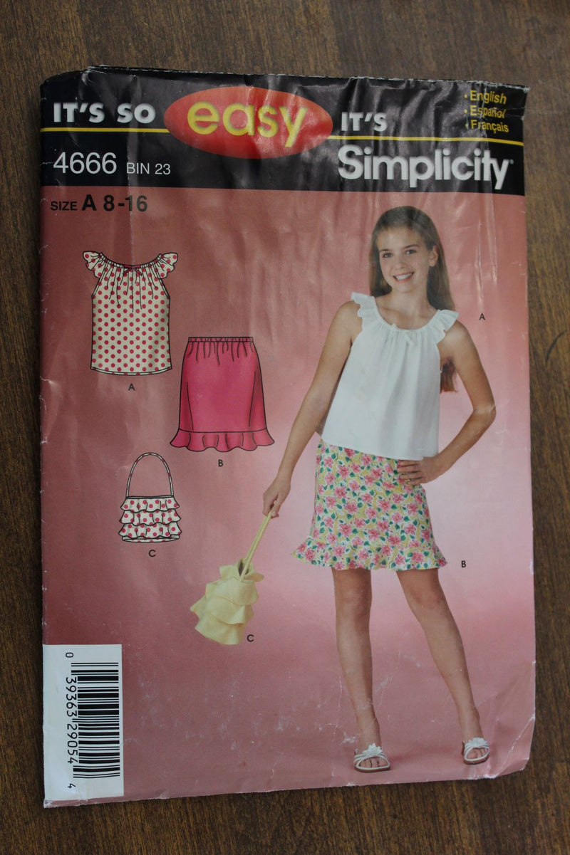 Simplicity 4666, Girls Skirt, Top, Handbag, Uncut Sewing Pattern