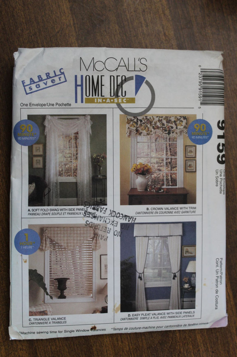 McCalls 9159, Window Treatments, Swags, Valance, Uncut Sewing Pattern