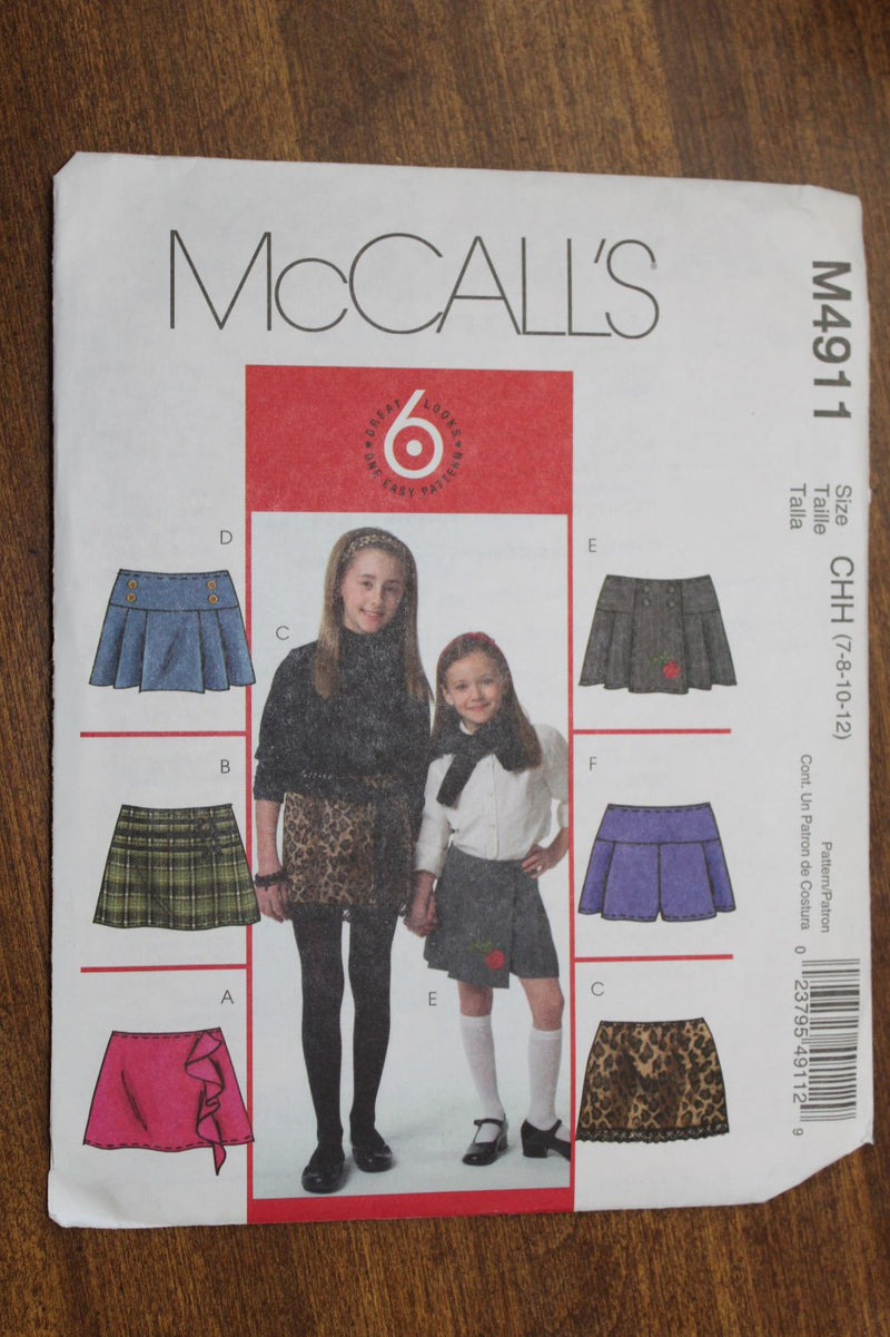 McCalls M4911, Girls Skirts, Uncut Sewing Pattern