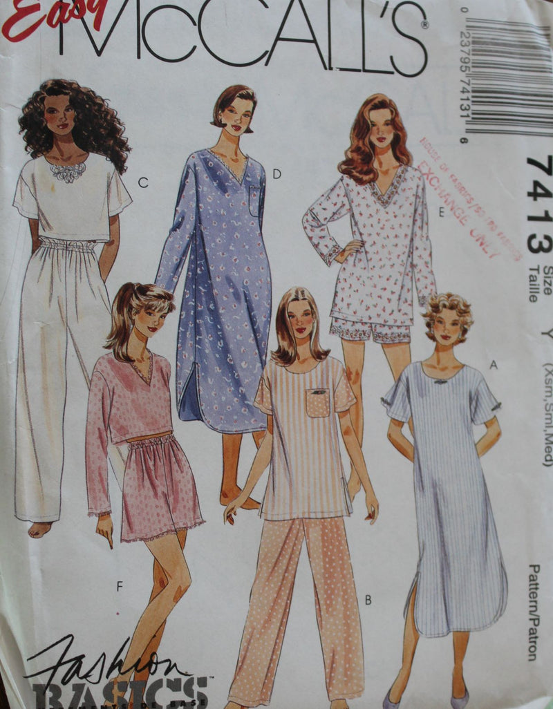 McCalls 7413, Misses Sleepwear, Pajamas, Nightgowns, Uncut Sewing Pattern