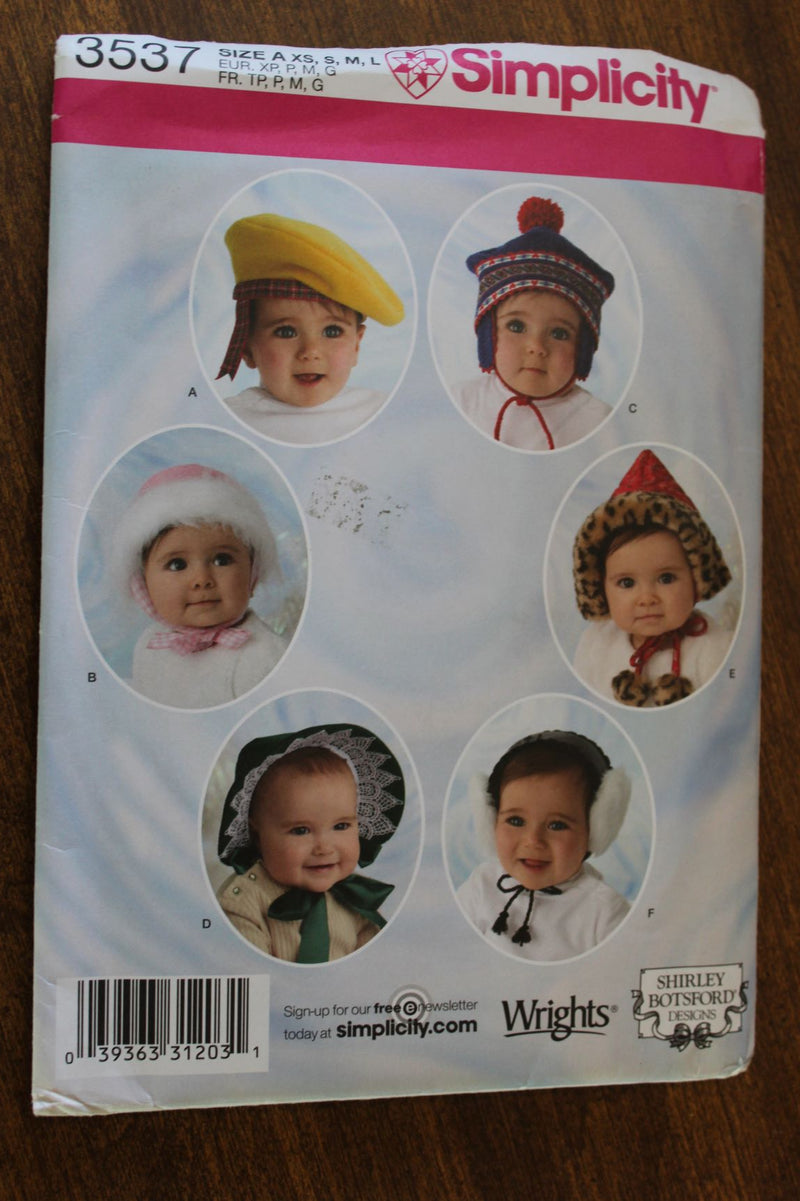 Simplicity 3537, Childrens Hats, Uncut Sewing Pattern