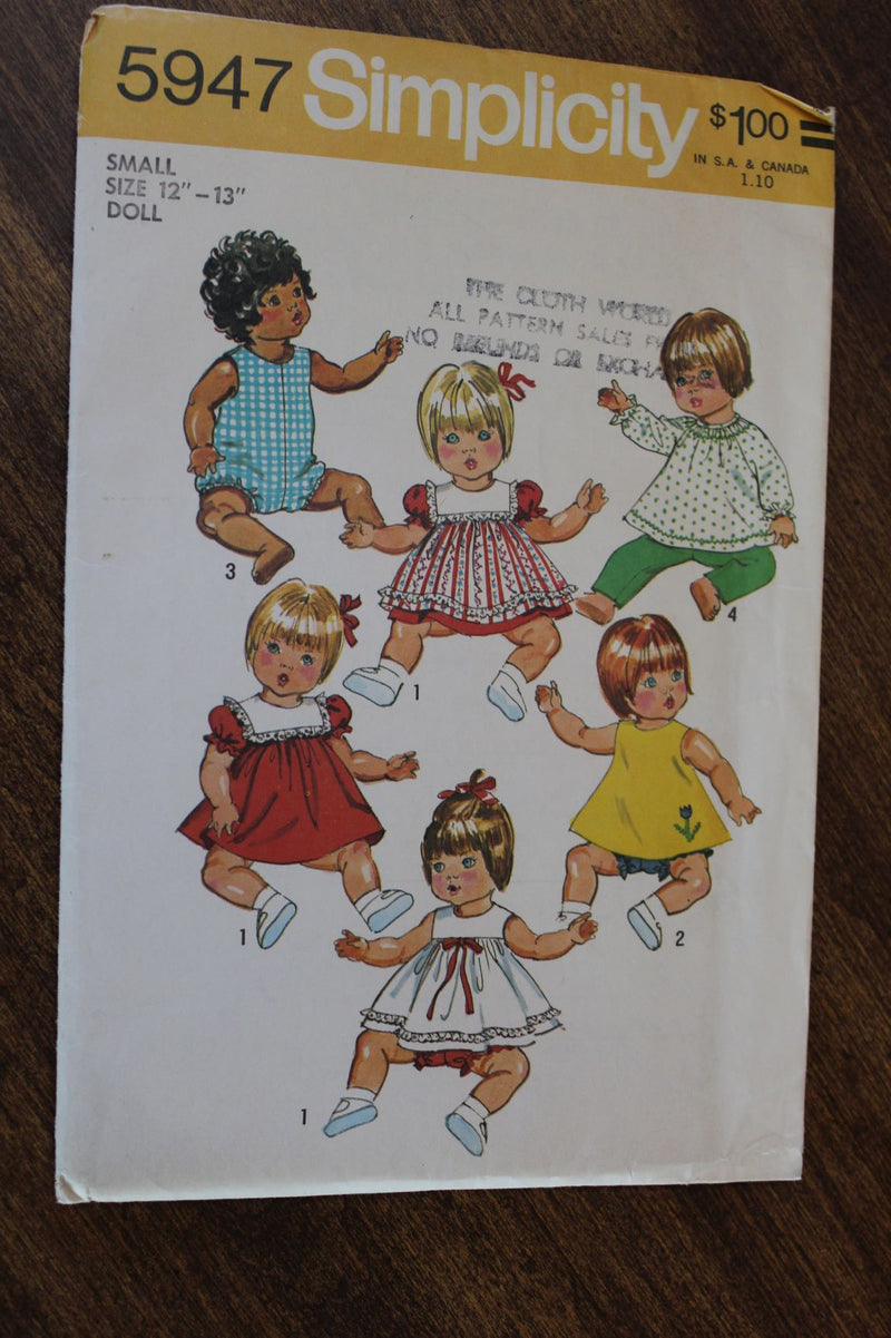 Simplicity 5947, Doll Clothing, Crafts, Uncut Sewing Pattern