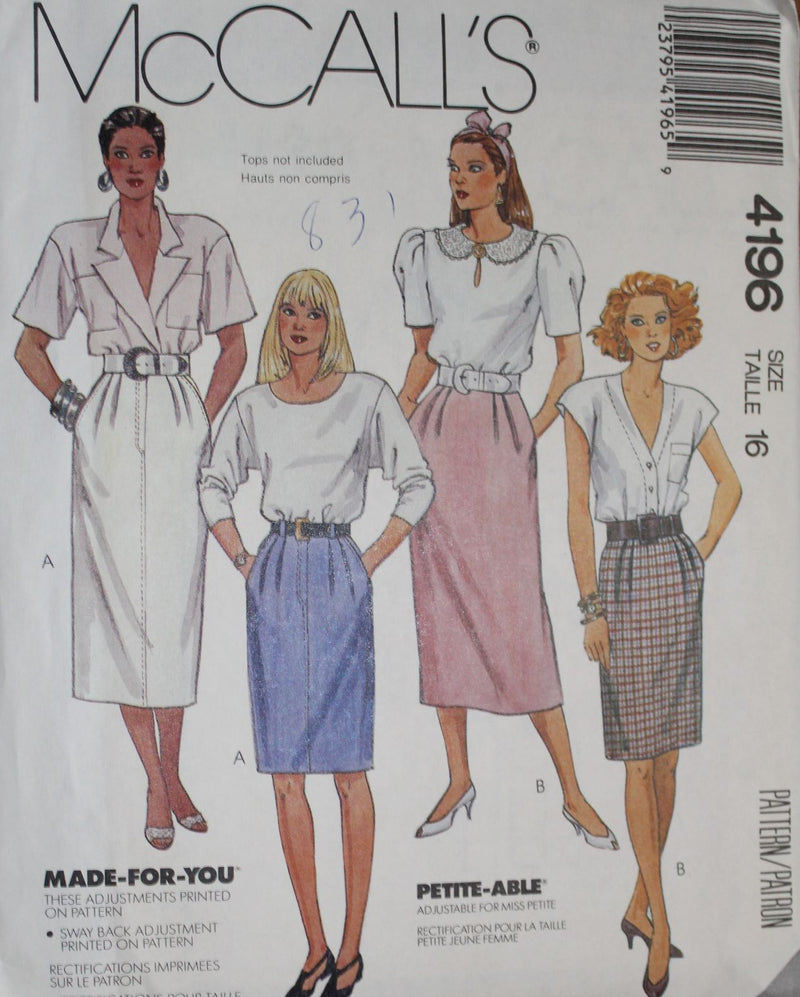 McCalls 4196, Misses Skirts, Straight Skirts, Uncut Sewing Pattern