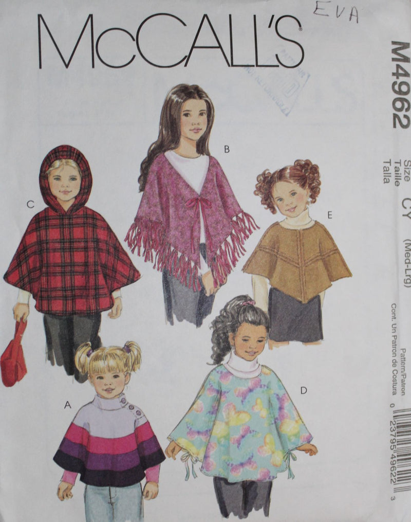 McCalls M4962, Girls Ponchos, Uncut Sewing Pattern