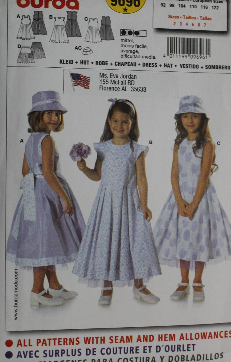Burda 9696, Girls Dresses, Skirt, Hats, Uncut Sewing Pattern