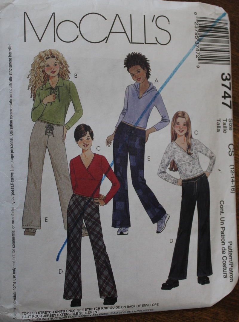 McCalls 3747, Girls Tops and Pants, Uncut Sewing Pattern