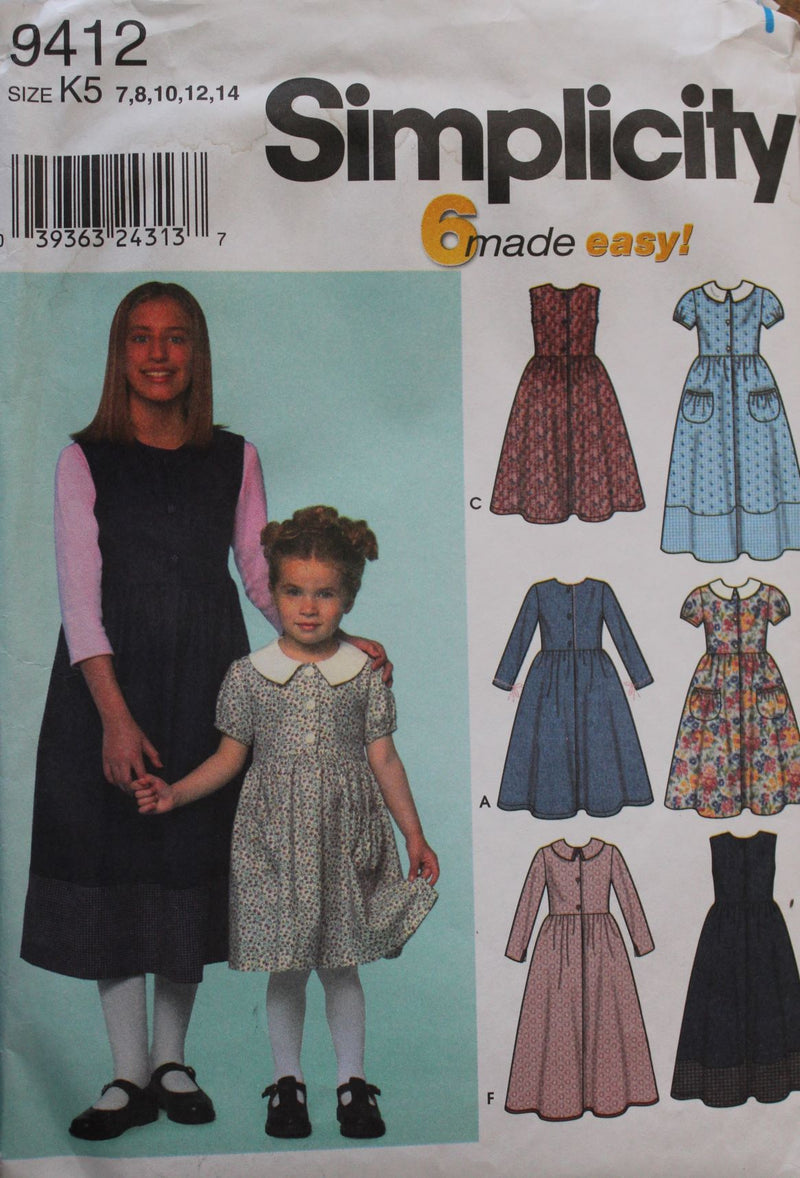 Simplicity 9412, Girls Dresses, Uncut Sewing Pattern