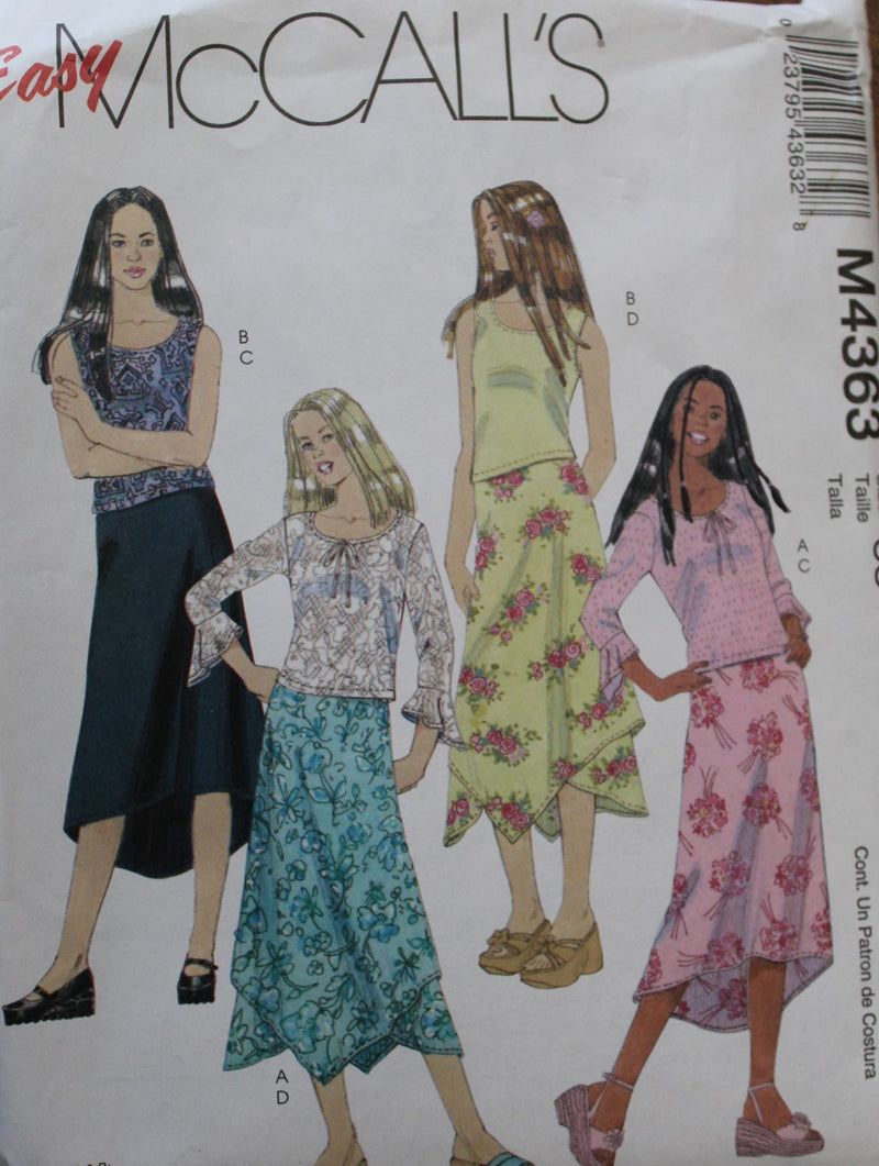 McCalls M4363, Girls Tops, Lined Skirts, Uncut Sewing Pattern