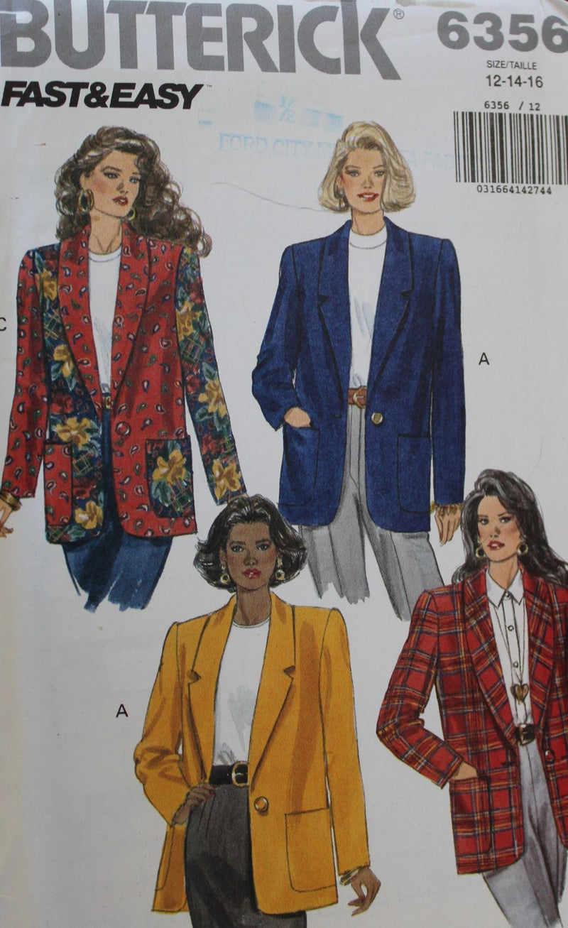 Butterick 6356, Misses Jackets, Uncut Sewing Pattern